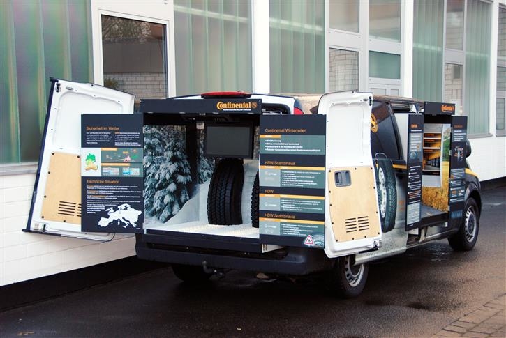 Extendable presentation areas for winter tires (at the rear) and summer tires (on the side) 