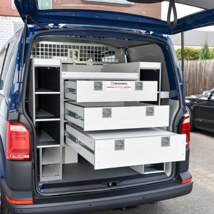 Heckausbau mit Schwerlastschüben (1x mit Schreibplatte) und Stativfächern 