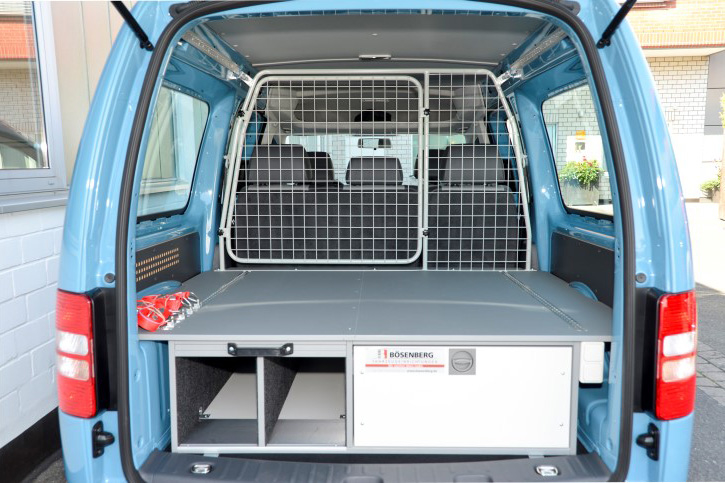 Rear interior with drawer, tripod compartments and solid protective grille made from powder-coated tubular steel 