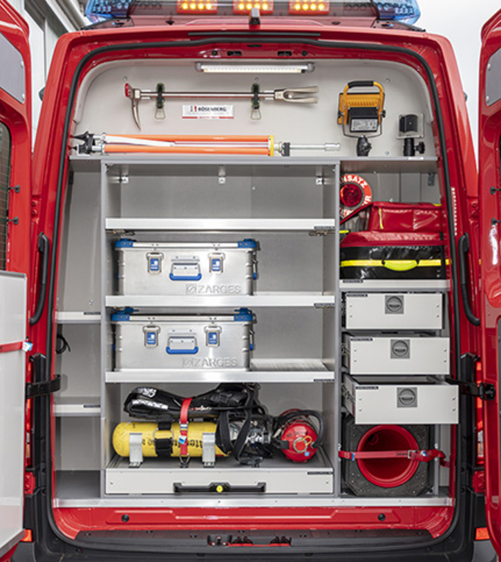 Rear interior with heavy-duty extensions and plenty of storage space for loading. 