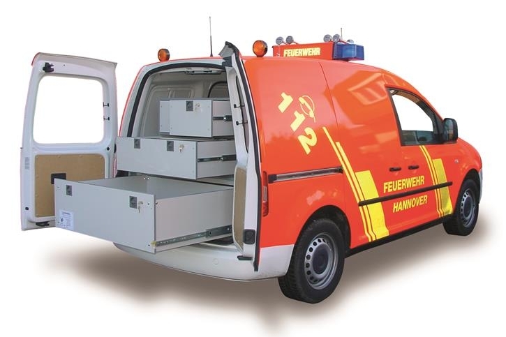 Volkswagen Caddy Werkstattwagen mit Schwerlastschüben der Feuerwehr Hannover. 